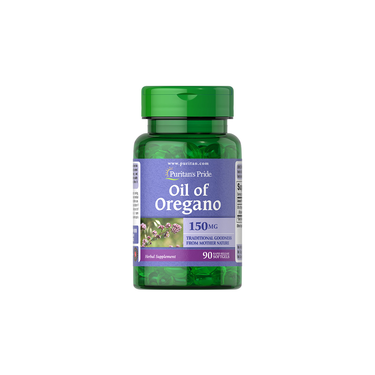 Puritan's Pride Oil of Oregano 150 mg comes in a green bottle with a purple label and contains 90 softgels—designed for immune support using trusted natural ingredients.